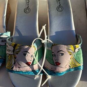 ICON Pop Art Leather Mules | “Oh Pool Boy” Print | NWOT |size 11